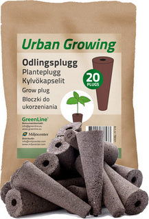 Set of 20 Greenline Planteplugg plant plugs for urban gardening, shown in a close-up image with soil and roots.