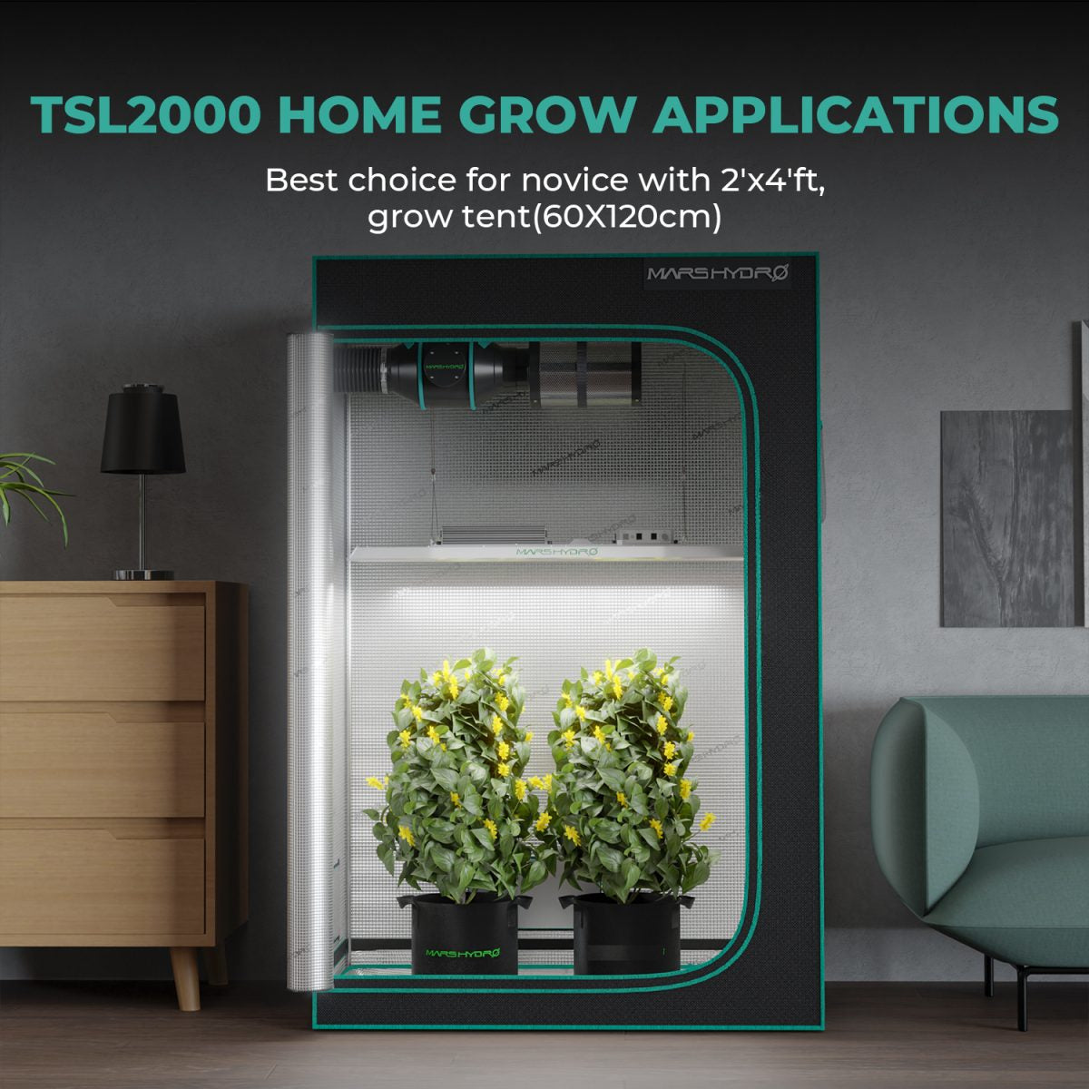 Mars Hydro Dyrkesett | 120x60 Dyrketelt | TSL2000 300W Plantelys | Vifte - Nordstrøm Botaniske