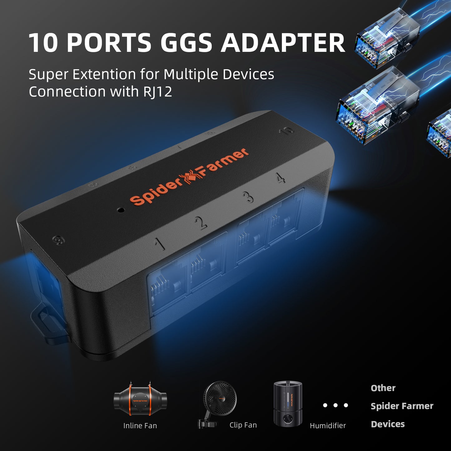 Spider Farmer 2-in-1 ventilation system control with GGS controller and built-in carbon filter, shown with 10-ports GGS-Pro adapter.