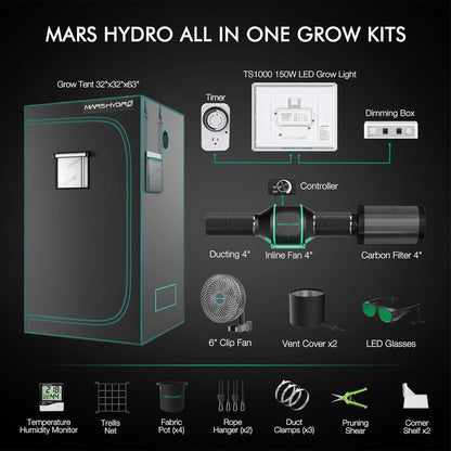 Mars Hydro Dyrkesett | 80x80cm Dyrketelt | TS1000 150W Plantelys | Vifte - Nordstrøm Botaniske