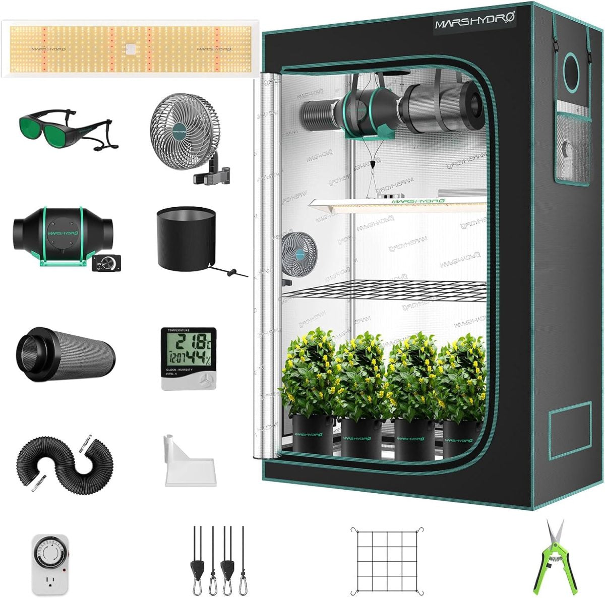 Mars Hydro Dyrkesett | 120x60 Dyrketelt | TSL2000 300W Plantelys | Vifte - Nordstrøm Botaniske