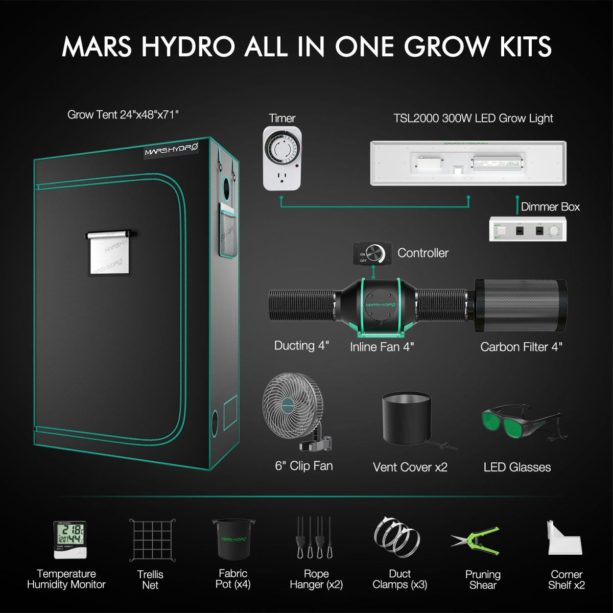Mars Hydro Dyrkesett | 120x60 Dyrketelt | TSL2000 300W Plantelys | Vifte - Nordstrøm Botaniske