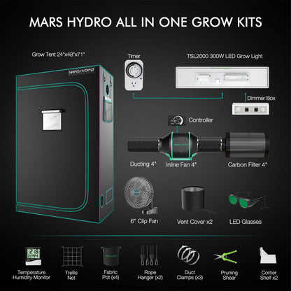 Mars Hydro Dyrkesett | 120x60 Dyrketelt | TSL2000 300W Plantelys | Vifte - Nordstrøm Botaniske