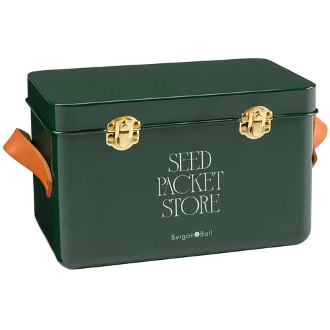 Heritage green Burgon & Ball seed storage box for organizing and storing seed packets.