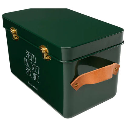Heritage green seed storage box by Burgon & Ball for organizing and storing flower and plant seeds.