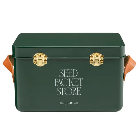 Heritage green seed storage box by Burgon & Ball for organizing and storing garden seeds and seed packets.