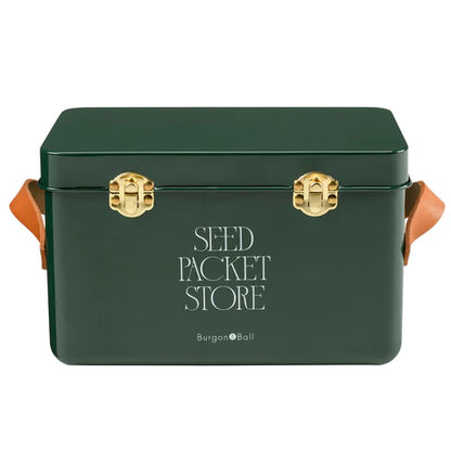 Heritage green seed storage box by Burgon & Ball for organizing and storing garden seeds and seed packets.
