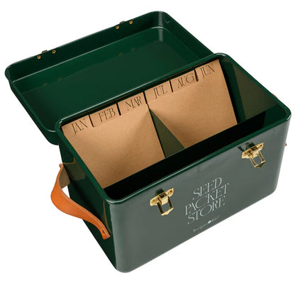 Heritage green seed storage box from Burgon & Ball with a lid, designed for organizing and storing seed packets.