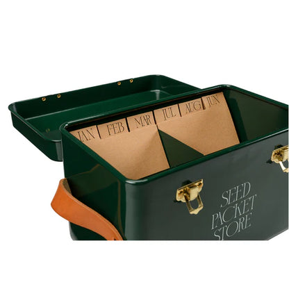 Burgon & Ball seed storage box in heritage green, designed for organizing and storing seed packets neatly.