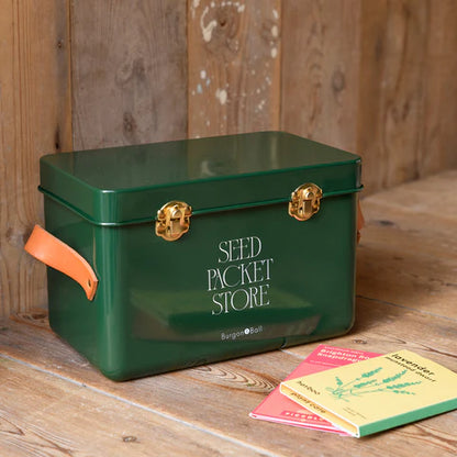 Heritage green seed storage box by Burgon & Ball for organizing and storing seed packets.