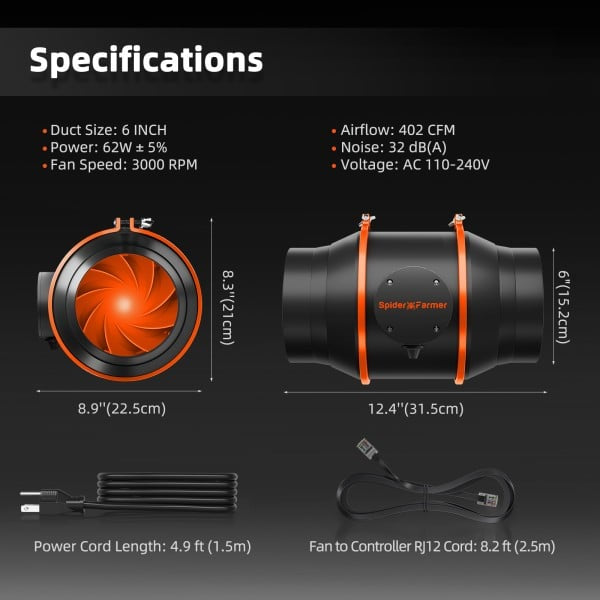 Kanalviftesett 150mm | GGS-kontroll | 402CFM | Spider Farmer