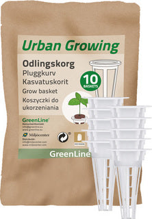 Set of 10 Greenline Pluggkurv plant pots from Urban Growing, showing round plastic containers with drainage holes.
