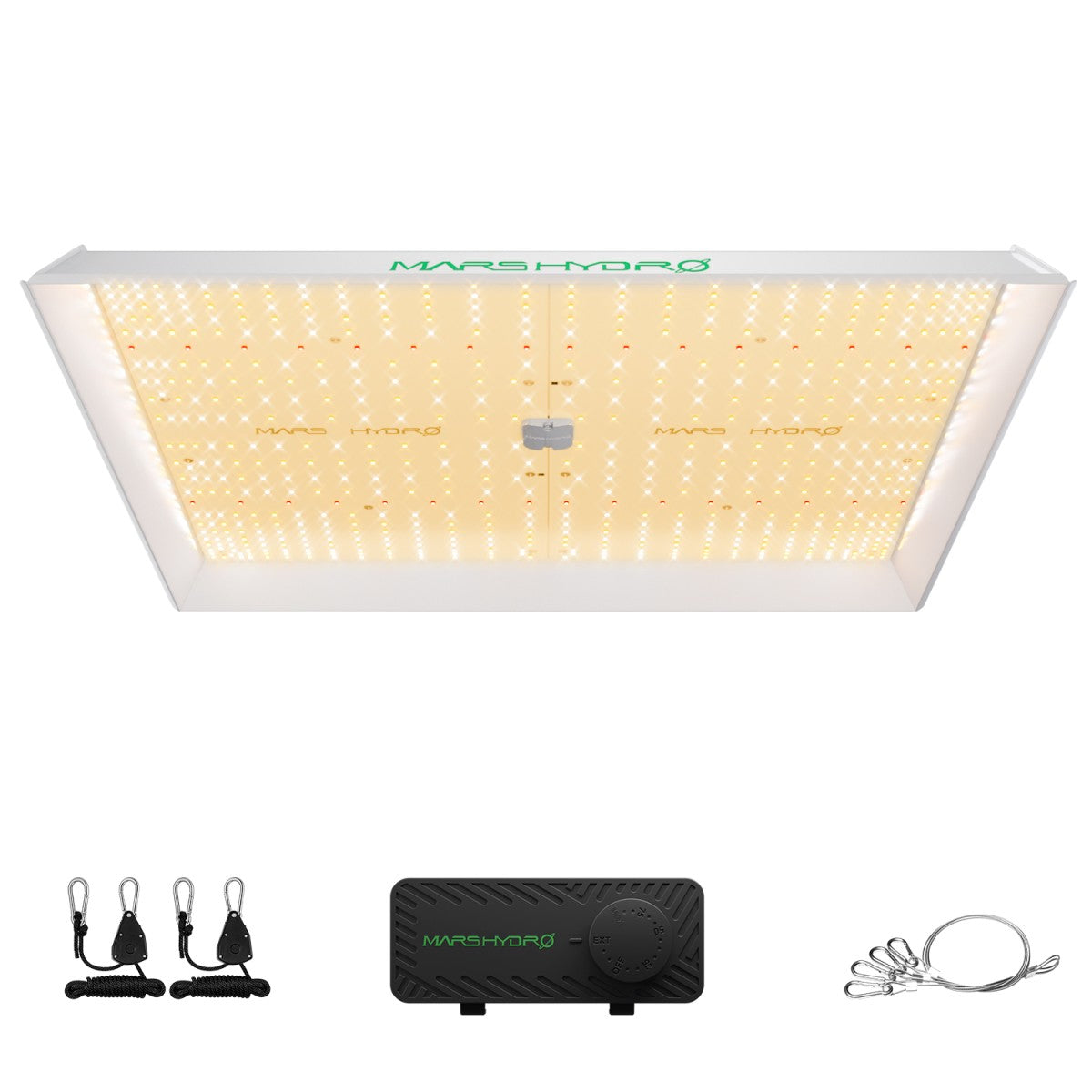 Mars Hydro Vekstlys 300W plant grow light in a grow tent, providing full-spectrum illumination for indoor gardening.