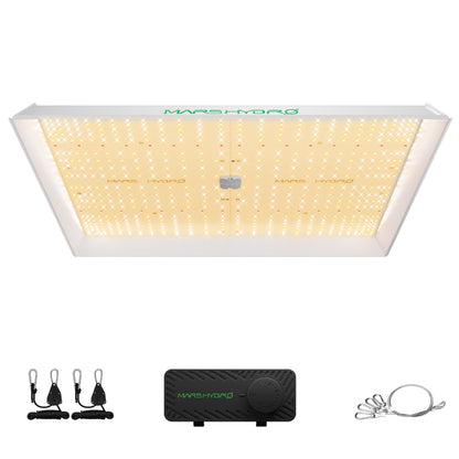 Mars Hydro Vekstlys 300W plant grow light in a grow tent, providing full-spectrum illumination for indoor gardening.