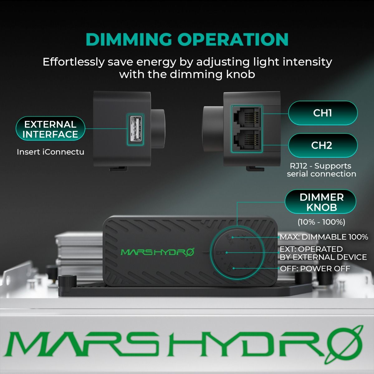 Mars Hydro Vekstlys 450W plant grow light in a controlled grow tent with lush green plants for indoor cultivation.