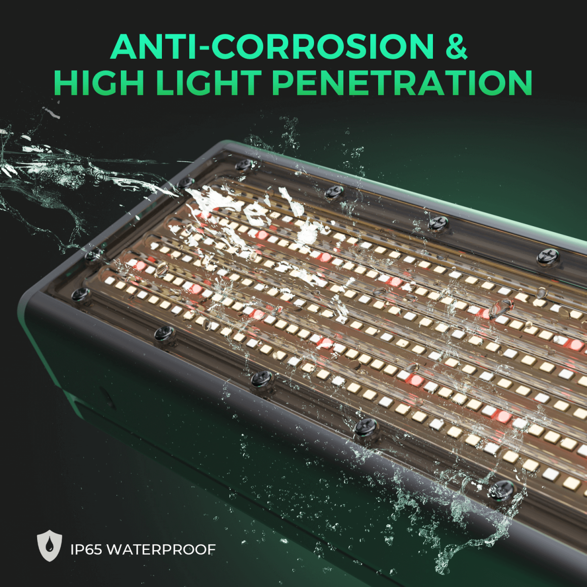 Mars Hydro Vekstlys 300W for plant growth, shown illuminating a grow tent with lush green plants inside.