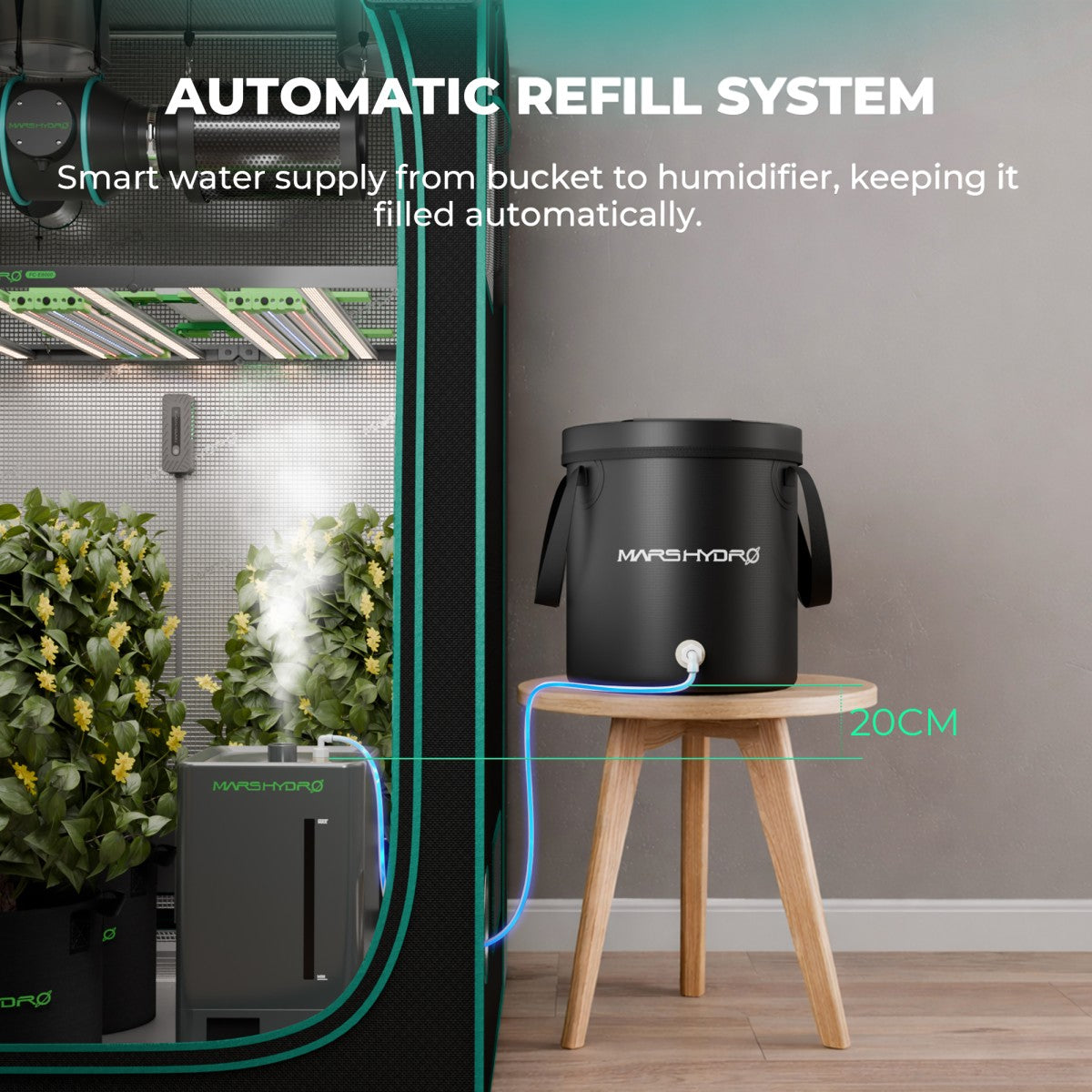 Mars Hydro Auto-Refill 15L luftfukter with water reservoir and control panel, designed for optimal humidity management.