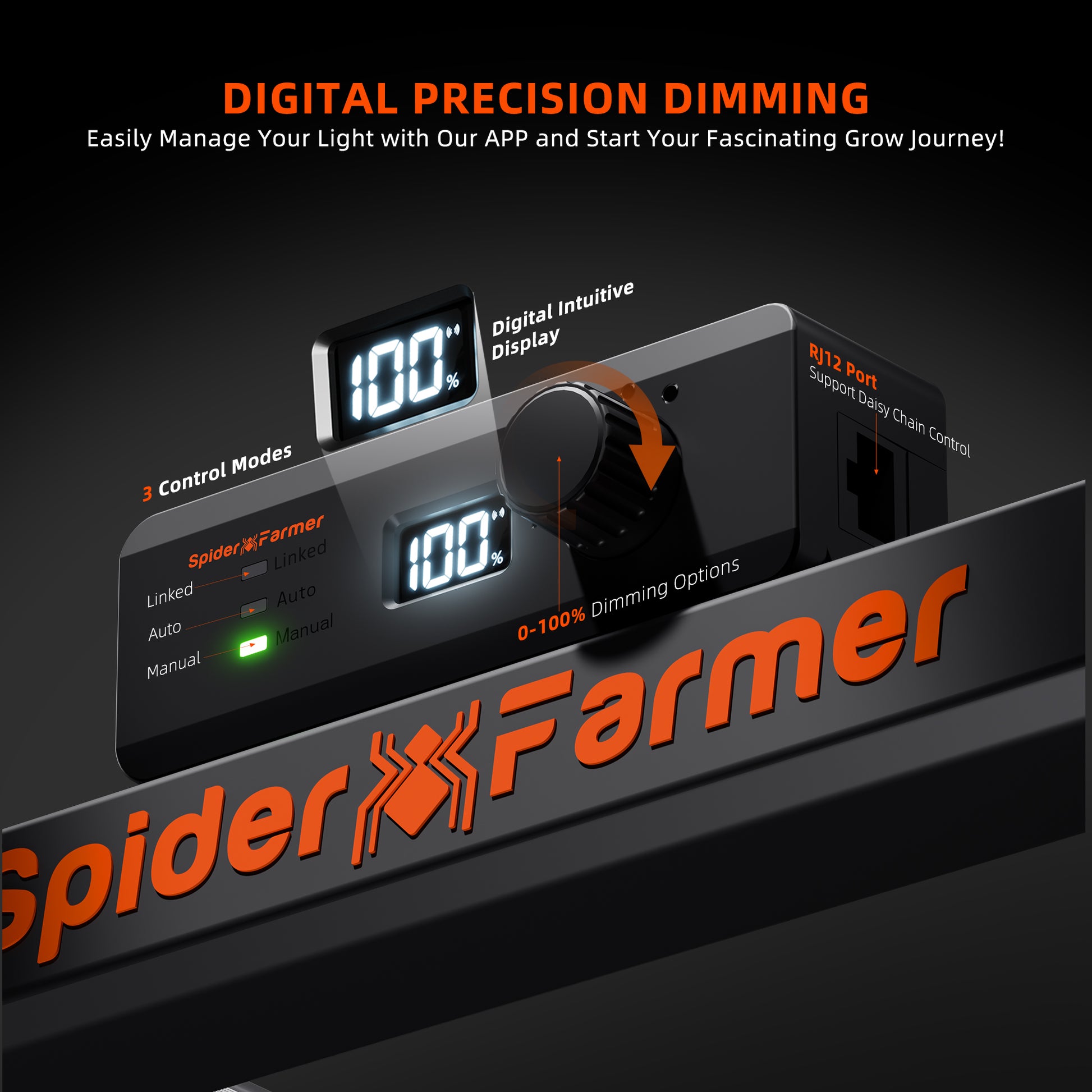 Spider Farmer Plantelys 1000W LED grow light with WiFi and Bluetooth control, featuring adjustable settings and full-spectrum LEDs.