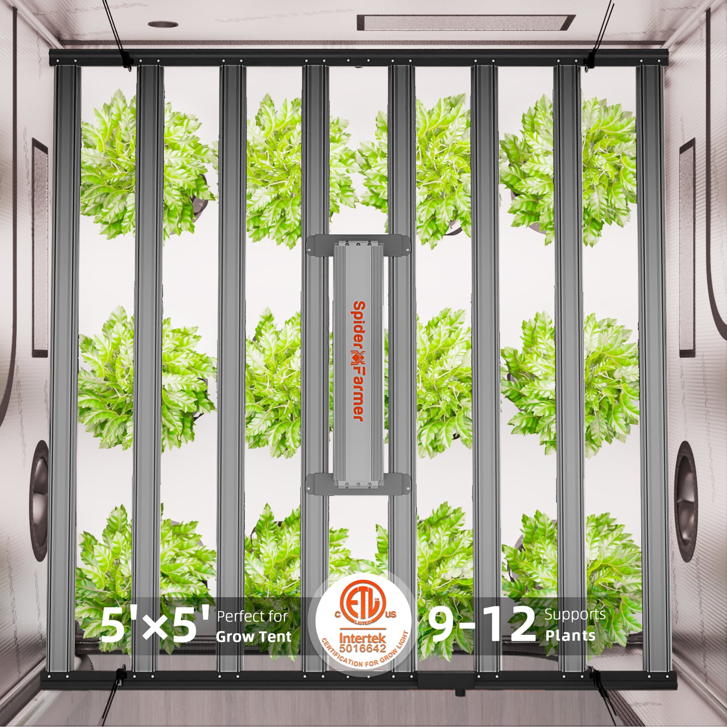 Spider Farmer Plantelys 1000W LED grow light with WiFi and Bluetooth control, shown with adjustable hanging brackets.
