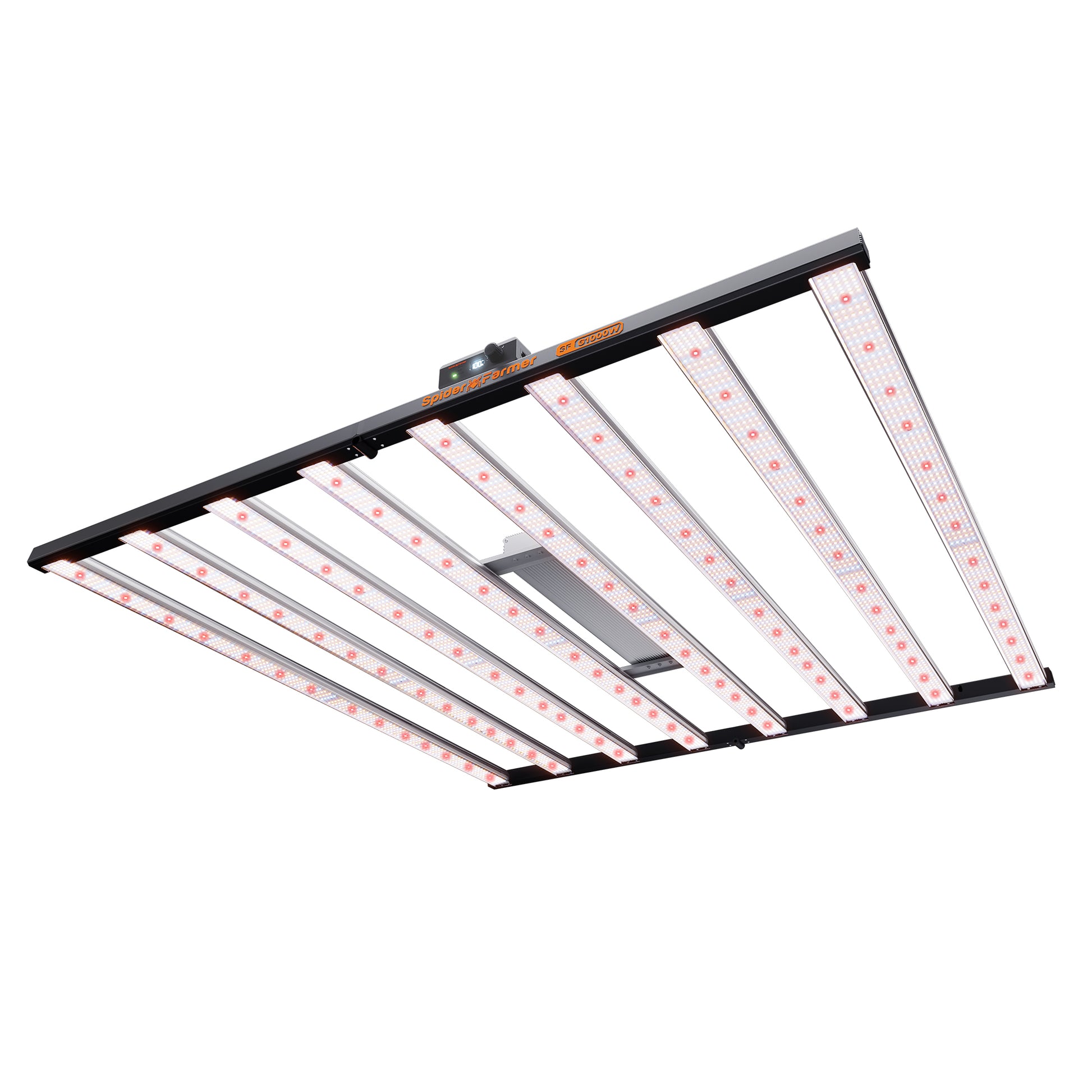 Spider Farmer Plantelys 1000W LED grow light with WiFi, Bluetooth, and app control, showcasing the full fixture with LED panels and controls.