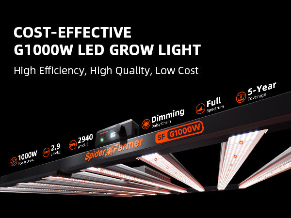 Spider Farmer Plantelys 1000W LED grow light with WiFi, Bluetooth, and app control, featuring a spider-like design for indoor plant growth.