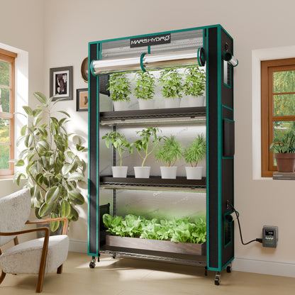 Mars Hydro Plantehylle with 4 shelves, 150W LED grow lights, and iTime-timer for indoor plant cultivation.