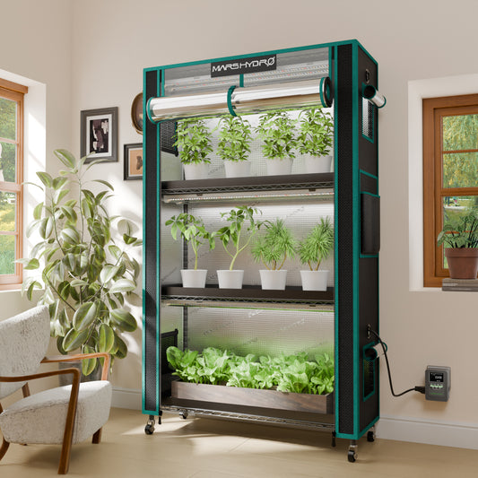 Mars Hydro Plantehylle with 4 shelves, 150W LED grow lights, and iTime-timer for indoor plant cultivation.