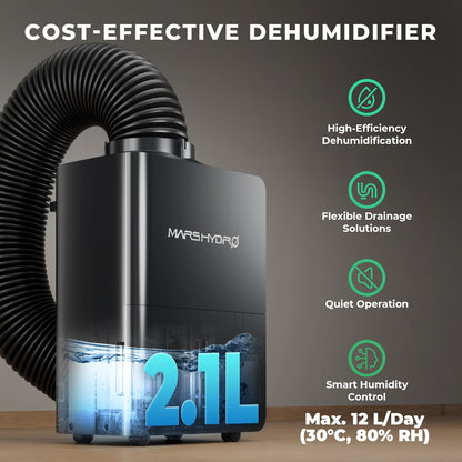 Mars Hydro smart dehumidifier with 12L daily capacity, RJ12 control, and iControl system compatibility in a sleek design.