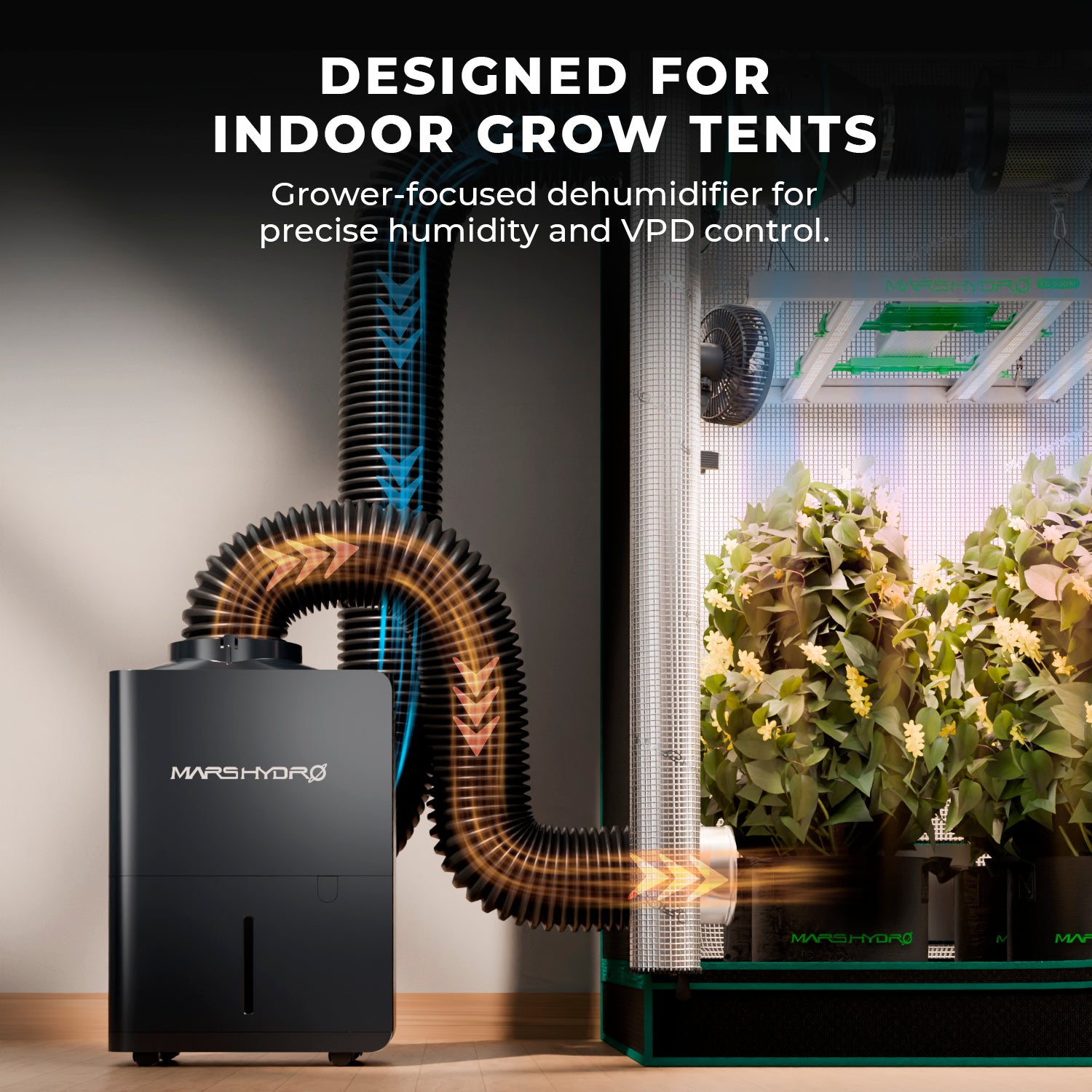 Mars Hydro smart dehumidifier with 12L/day capacity, RJ12 control, and iControl system for indoor grow tents.
