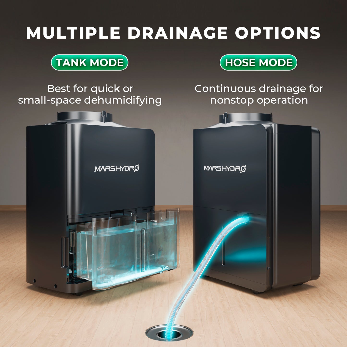 Mars Hydro smart dehumidifier with 12L daily capacity, RJ12 control, and iControl system compatibility, shown with multiple drainage options.