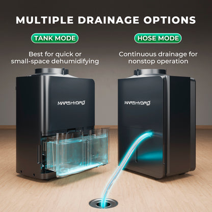 Mars Hydro smart dehumidifier with 12L daily capacity, RJ12 control, and iControl system compatibility, shown with multiple drainage options.
