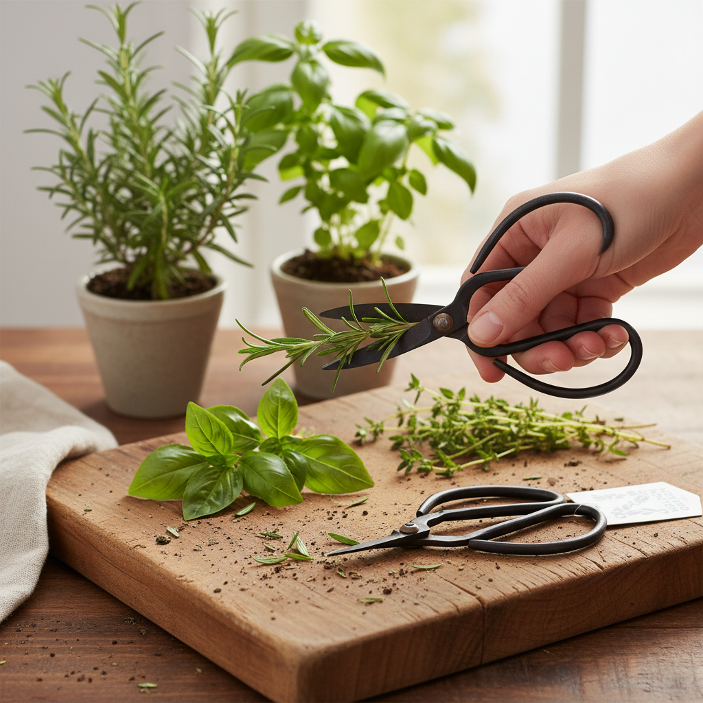 Nelson Garden kryddersaks for trimming and harvesting herbs, featuring small garden scissors with ergonomic handles.