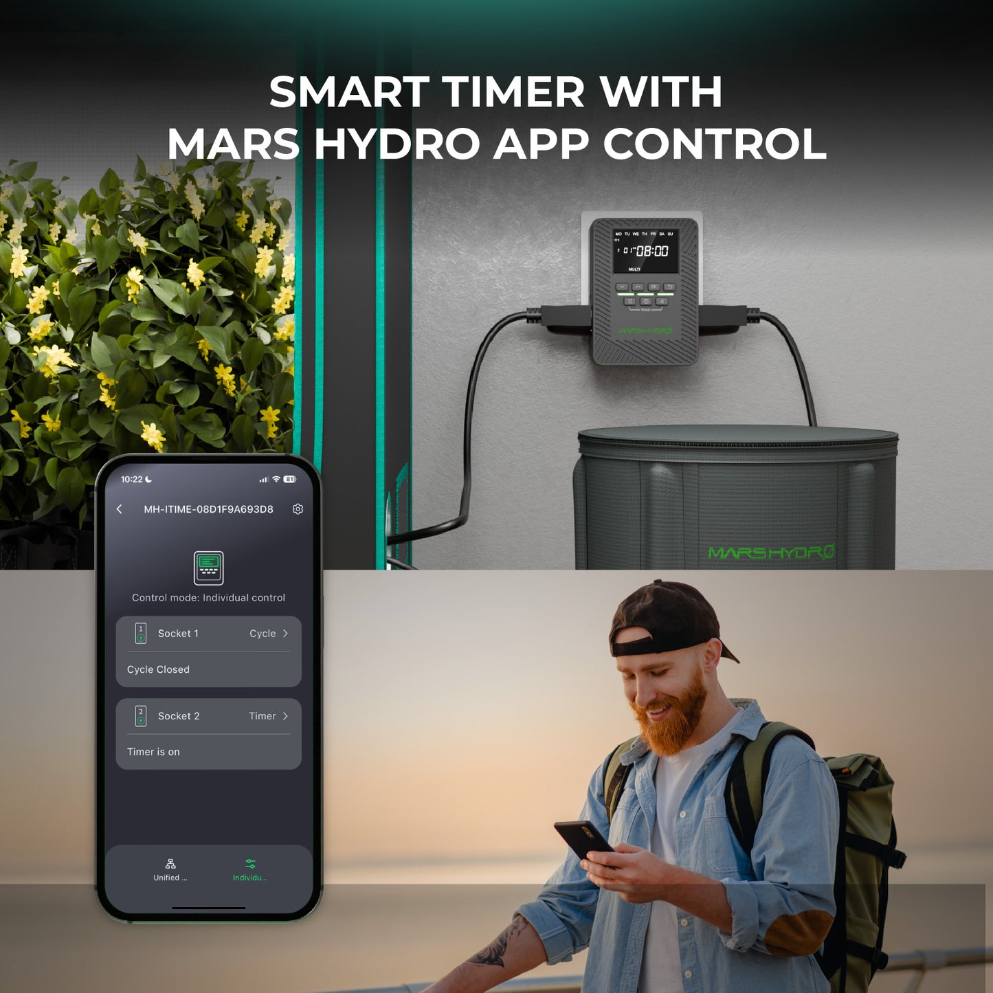 Mars Hydro Plantehylle with 4 shelves, 150W LED grow lights, and iTime-timer for indoor plant cultivation.