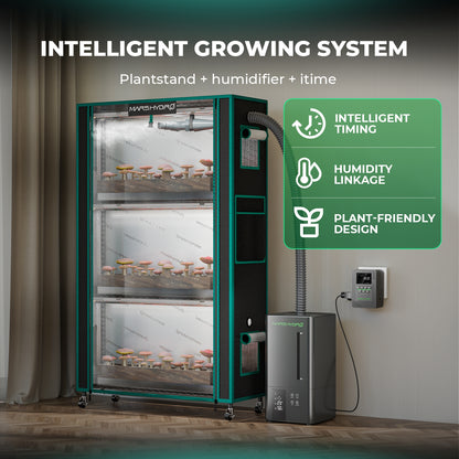 Mars Hydro Plantehylle with 4 shelves, LED lighting, and iTime timer, featuring a plant stand with a humidifier in the image.