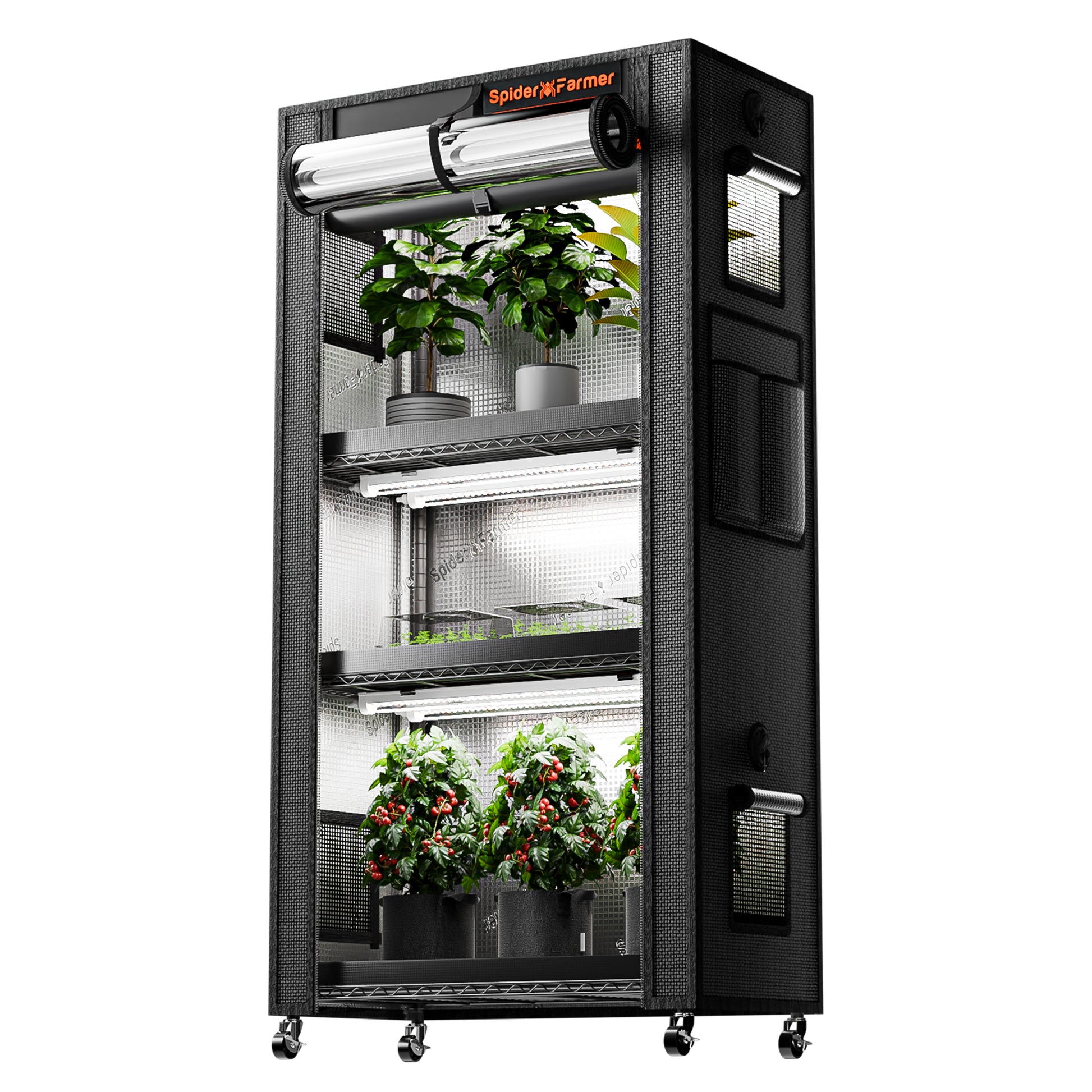 Plantehylle Metall | 4 Hyller | 108W LED | 1680D Telt | Spider Farmer - Nordstrøm Botaniske