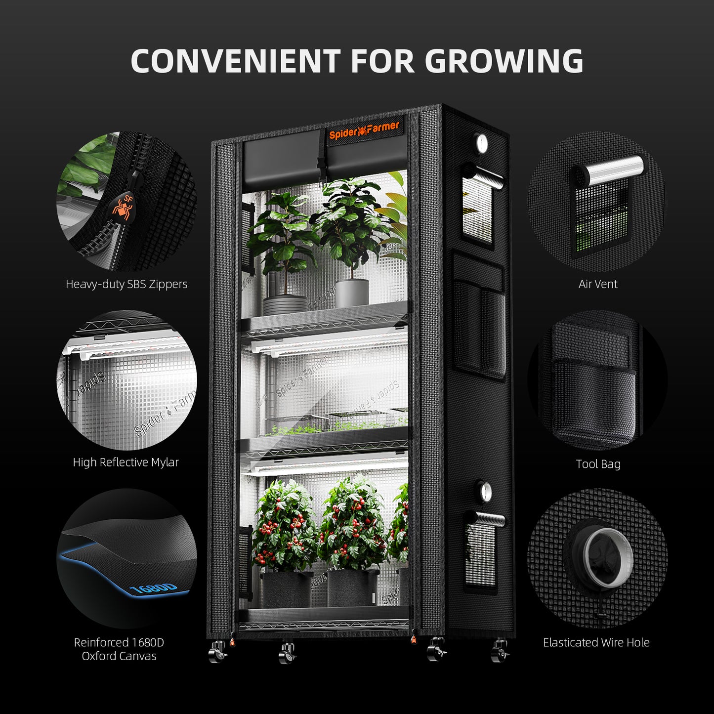Plantehylle Metall | 4 Hyller | 108W LED | 1680D Telt | Spider Farmer - Nordstrøm Botaniske